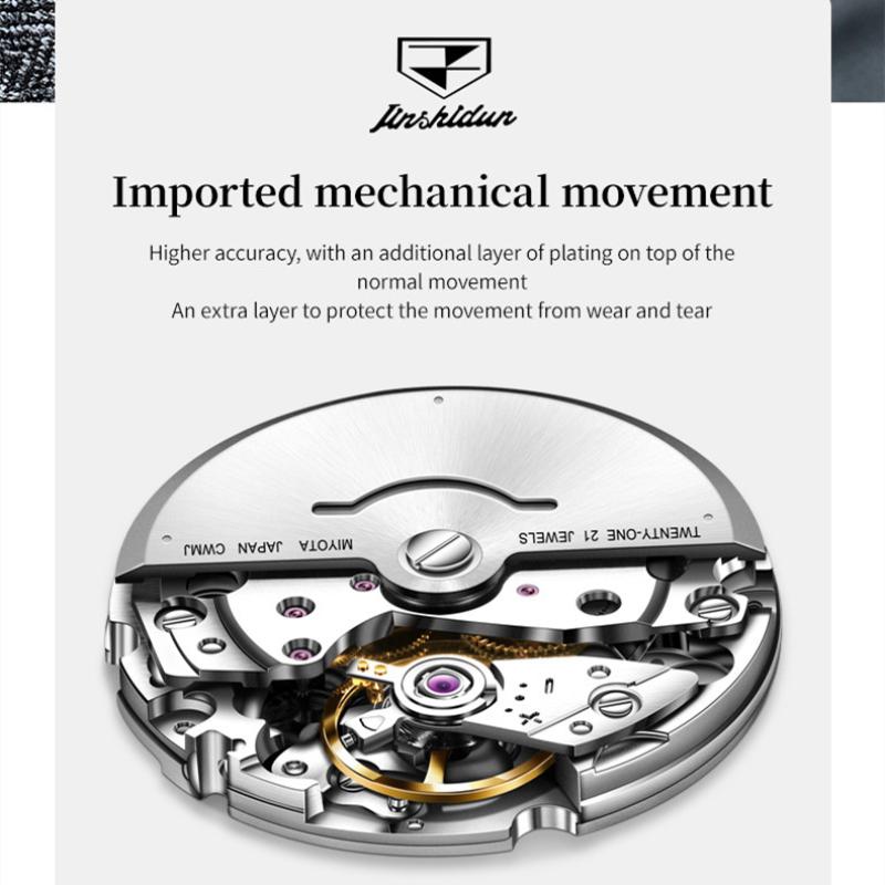 JINSHIDUN New Business and Leisure Men's Watch Automatic Mechanical Watch Tungsten Steel Double Calendar Luminous Waterproof High-end Watch