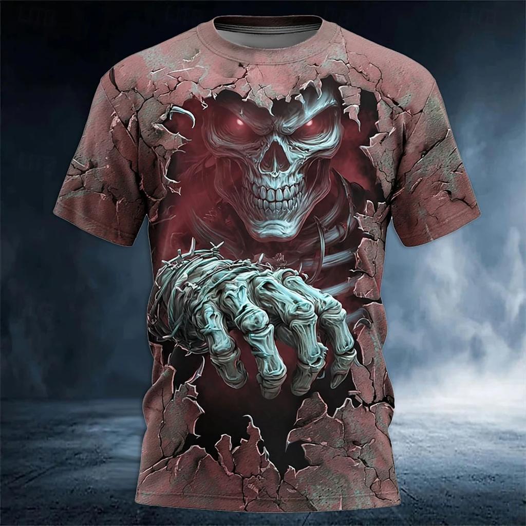 Summer Men's Terror Skull 3D Printed T-shirt Trendy Harajuku Alternative Personality Round Neck Top Loose Fashion Casual Short Sleeve Street Wear