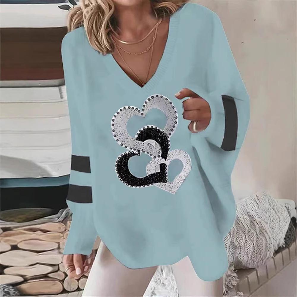 2023 Women's V-Neck Geometric Heart Sweatshirt: Casual Autumn/Winter Long-Sleeved Loose Fit