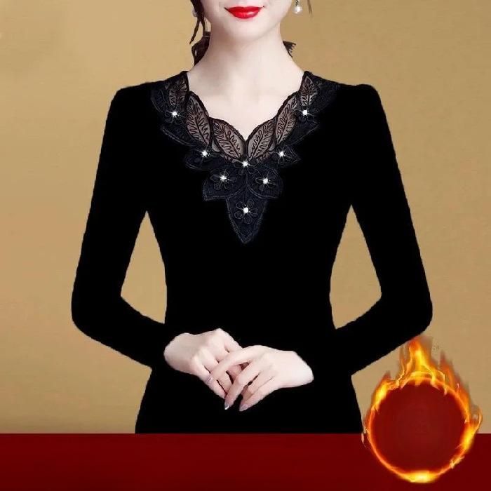 Облегающая рубашка из плюшевого бархата с утолщенной основой для женщин на осень и зиму, футболка с длинными рукавами и кружевной отделкой с ромбовидной инкрустацией для женщин, теплые топы