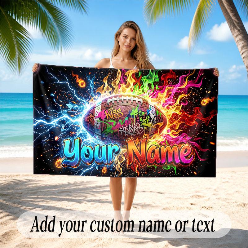 American Football Theme Beach Towel Personalized Custom Name & Text Soft Quick Dry Beach Towel for Swimming Travel