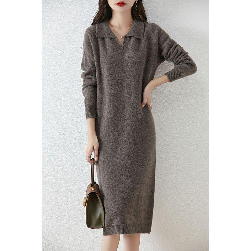 Women's Thickened Wool Polo Neck Long Dress - Autumn/Winter Loose Knit Base Layer 