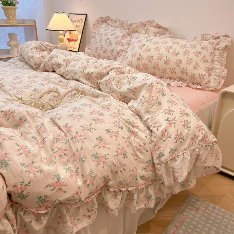 3/4Pc Korean Princess Style Floral Ruffles Bedding Set Single Queen Size Soft Skin-friendly Washed Cotton Duvet Cover Pillowcase