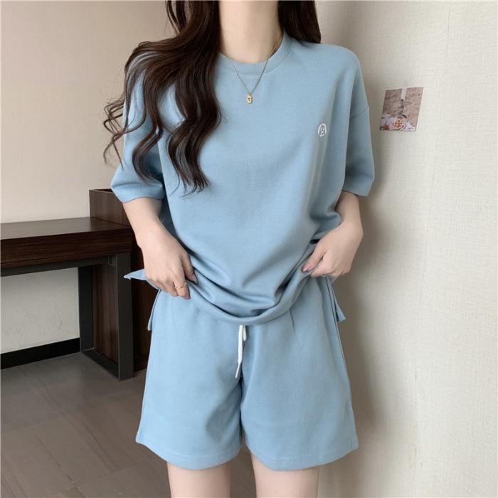 

2025 Women s Summer Sports Set: Imitation Cotton Milk Silk T-shirt & Shorts XL світло-синій колір