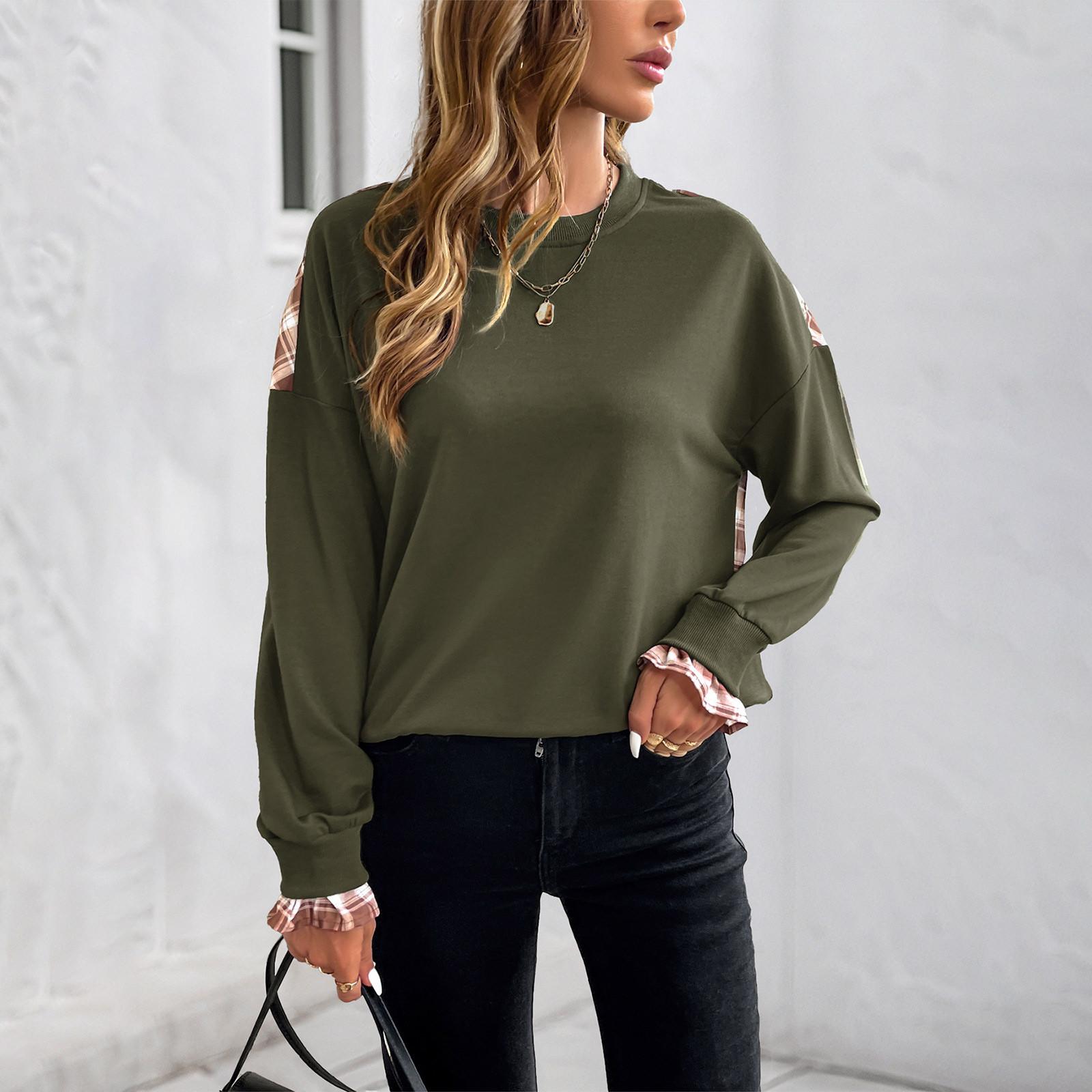 

Женские топы свободного кроя, тонкий клетчатый пэчворк, пуловер с круглым вырезом L