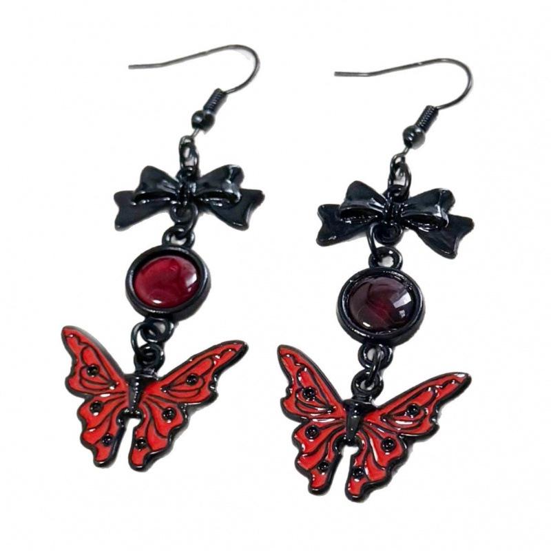 Gothic Black and Red Butterfly Pendant Earrings and Necklace Set