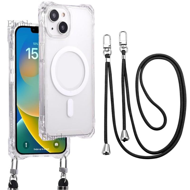 

Shockproof Strap Case For iPhone 16 15 13 12 17 14 Pro Max Plus 16E Magnetic Crossbody Lanyard Cord Transparent Clear Back Cover For iPhone 15 Pro&Case & Strap
