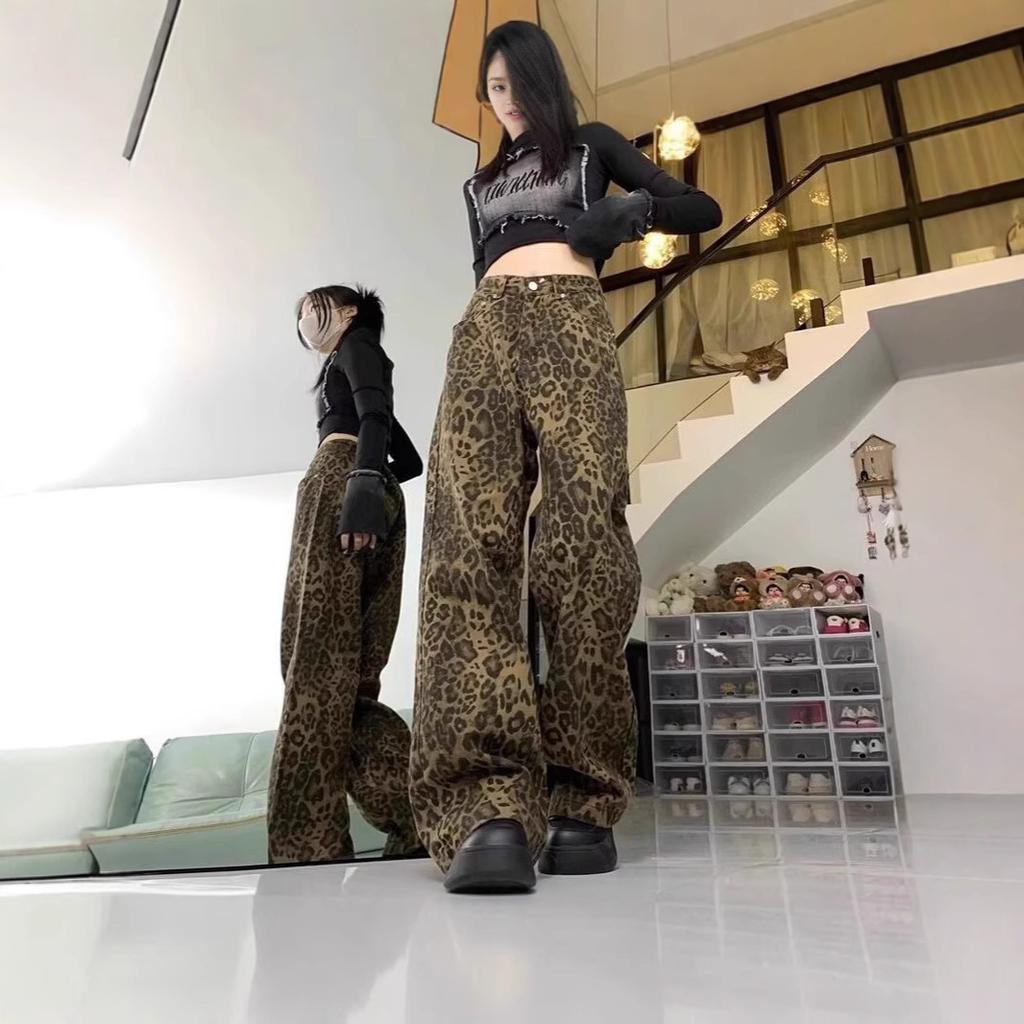 American retro leopard print jeans women's straight tube loose casual hip-covering design sense niche pear-shaped body wide-leg pants