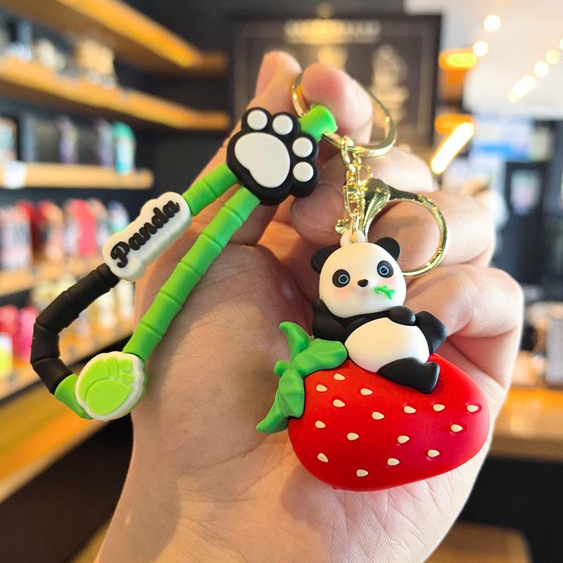 Fruit Panda Keychain Banana Strawberry Peach Watermelon Cute Cartoon Couple Doll Machine Student Gift Y2k Fashion Toys Anime