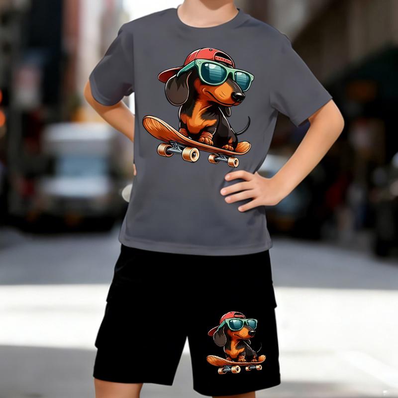 Boys 2 Piece Cartoon Dog and Skateboard Print Outfit, Short Sleeve T-Shirt and Shorts Set for Kids Age 5-14, White Sporty Casual Summer Clothes