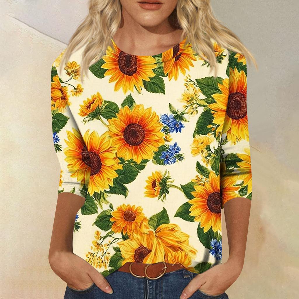 Women's Fashionable Casual Round Neck Three-Quarter Sleeve Printed T-Shirt Top