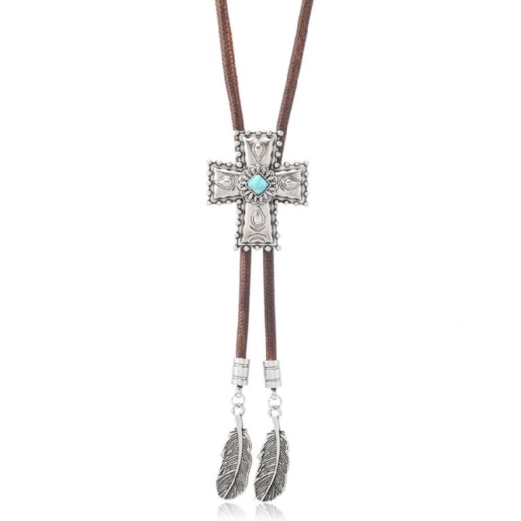 Men Women Western Cowboy Bolo Tie Vintage Floral Stone Pendant Jewelry Leather Rope Necktie Tie Metal Feathered Necklace