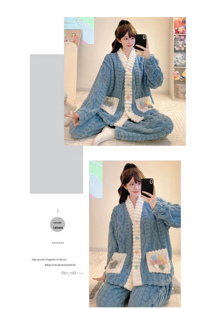 Women’s Winter Coral Fleece Pajama Set - Long Sleeve Flannel Cardigan, Thick Warm Plus Size Home Wear