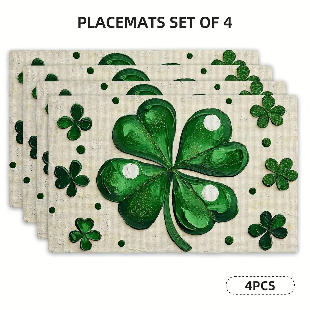 1 Set White Dot Shamrock Lucky Irish St. Patrick'S Day Placemat, Seasonal Spring, 12 x 18 inches, Polyester 100%, Hand Wash Only, Woven