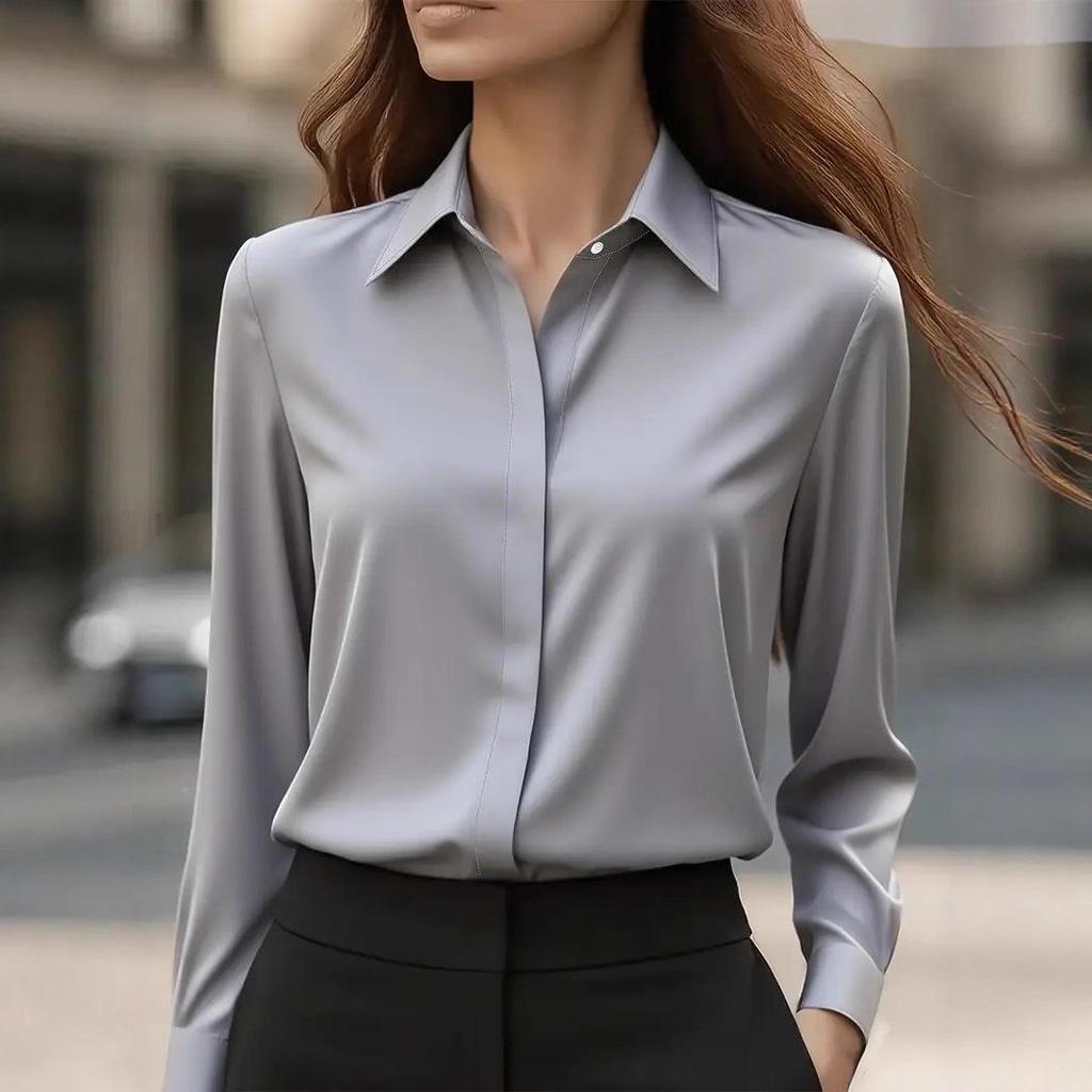 Autumn Women's Solid Color Satin Lapel Long Sleeve Versatile Shirt