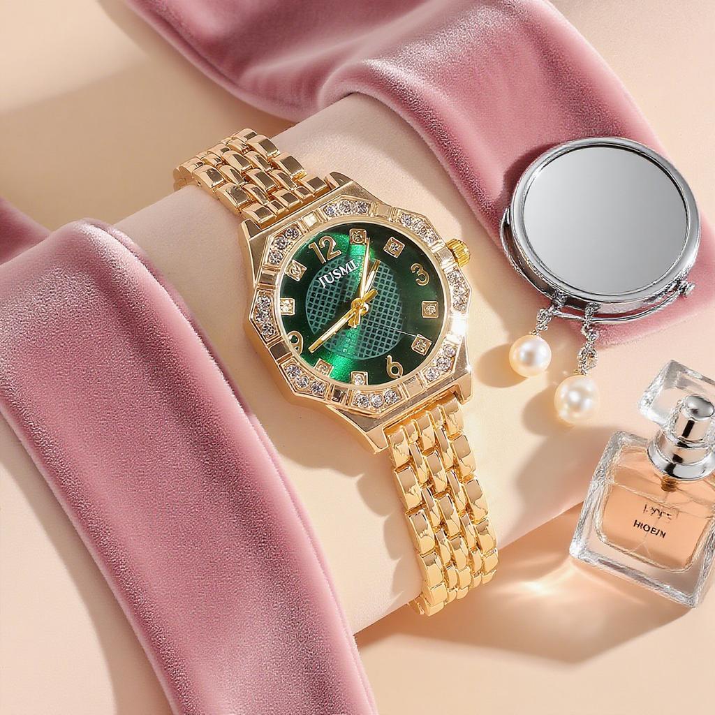 Fashionable and Luxury Diamond Set Dial Rhinestone Scale Women's Quartz Watch Bracelet Set of 3 for Thanksgiving Christmas Gifts