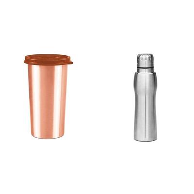 Vaso de Cobre para Agua Potable con Tapa, 1 Pieza, 480 ml y Botella de Agua Elate 750, 635 ml, Plata (Paquete de 1)
