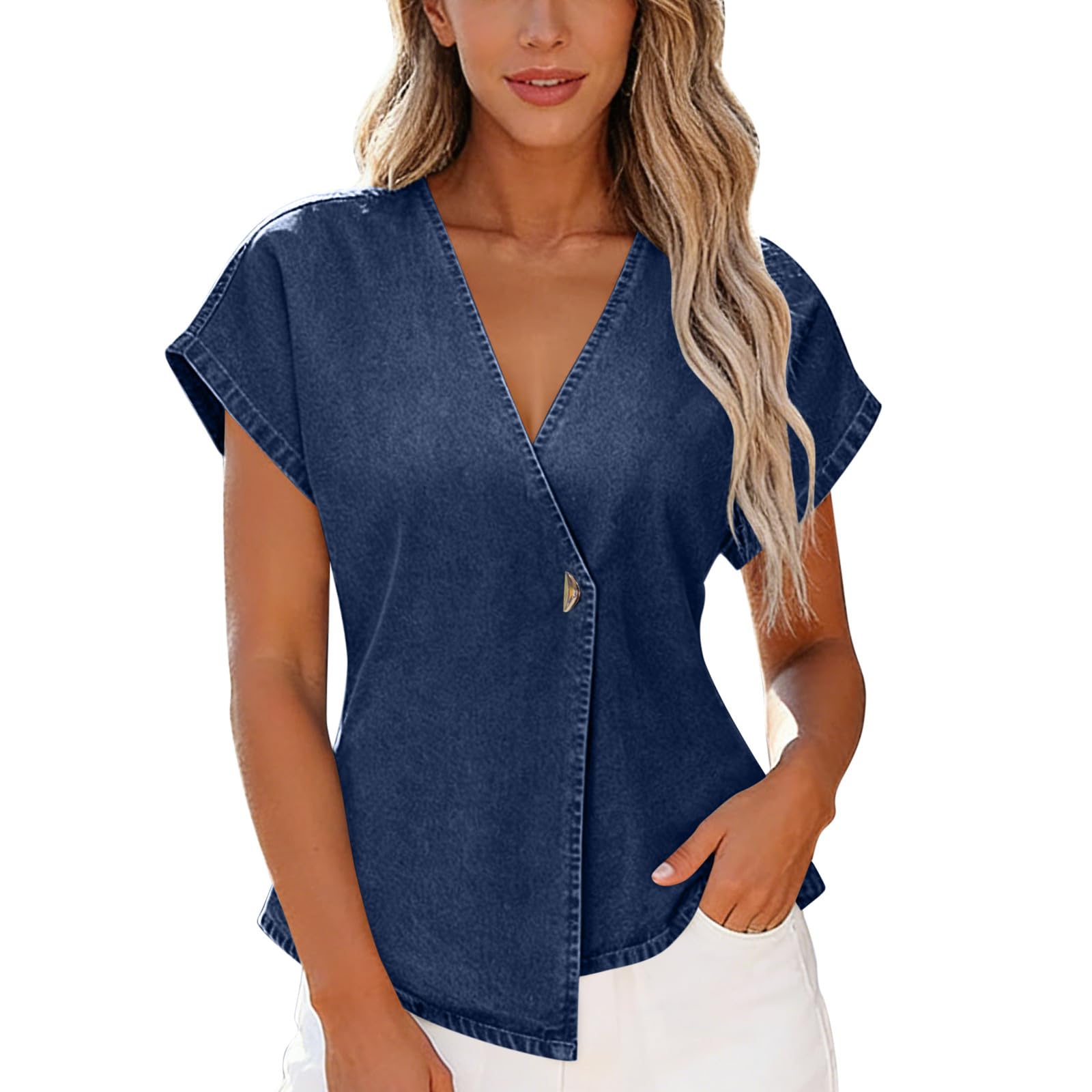 

Womens Denim Shirts Sleeve Button Tops V Neck Asymmetrical Jean Blouse M