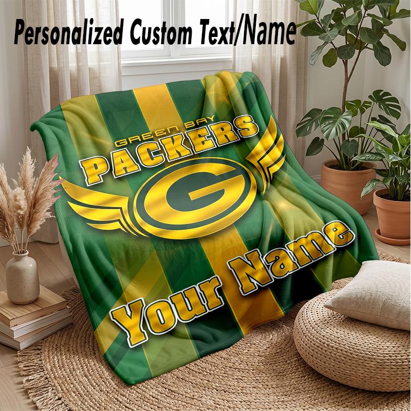 Green Bay Packers Custom Flannel Throw Blanket Print Your Name Text Soft Warm Blanket Holiday Present