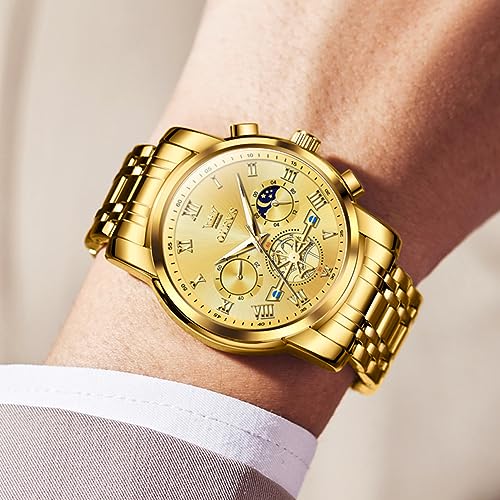 OLEVS Men's Stylish Chronograph Watch, Popular Brand for Business, Large, Easy-to-Read Analog, Waterproof Quartz Movement, Gold