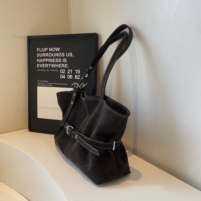 Womens Casual PU Leather Tote Bag Belt Buckle Detail Stitch Accent Large Capacity Minimalist Daily Bag for Commute Travel Everyday Use Durable