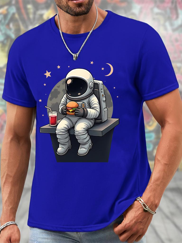Unisex O Neck Tee Astronaut Burger Cartoon Print Cotton Short Sleeve Loose Summer Street Breathable Daily Casual Basic Wear Top