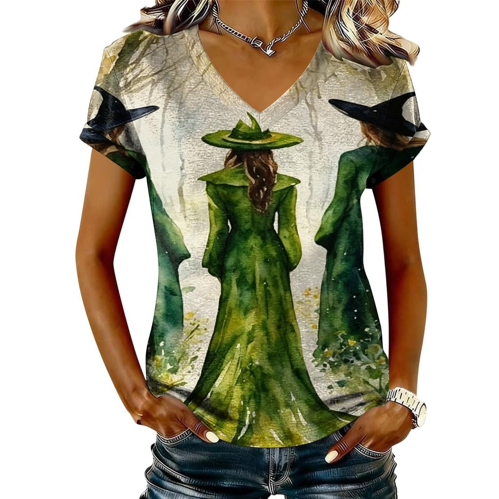 Women's V-Neck Short Sleeve Halloween Print T-Shirt Casual Pullover Top