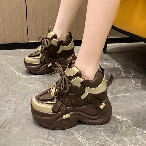 Fashion Winter Women Chunky Warm Sneakers Leather Casual Shoes 10CM Wedge Heels Platform Boots Chaussures Femme Plush Dad Sneaker