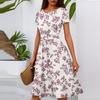 Women's Casual Fashion Round Neck Pleated Short Sleeve Floral Print A-Line Midi Dress