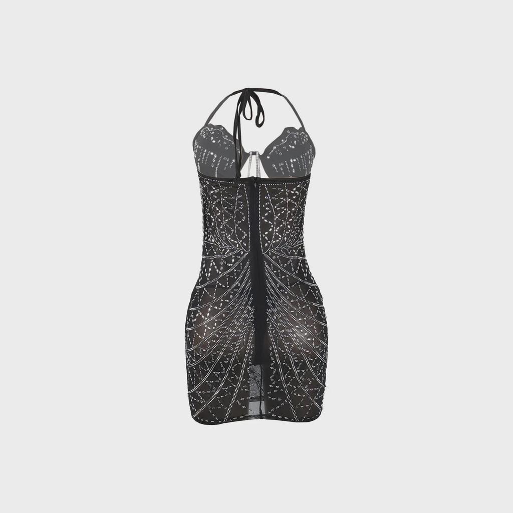 European & American Sexy Diamond Tassel Slimming See-Through Dress K2735