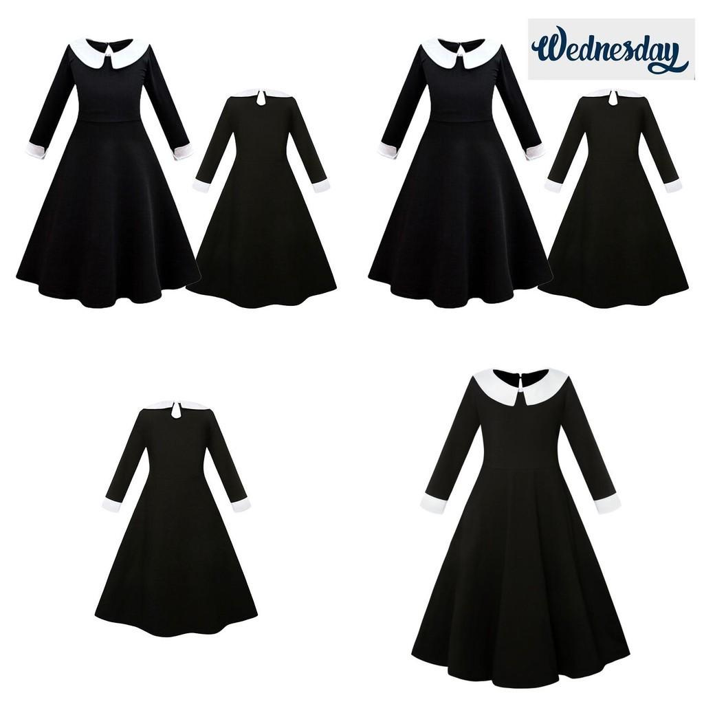 Addams Family Cosplay Girls' Long Sleeve Dress For Children Black Polyester Fabric
