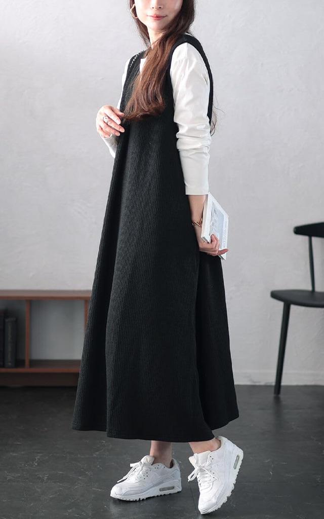 Gold Japan Plus Size Size Black Women's Dress/Jumper Skirt, Ribbed, V-Neck, Tucked, Stretch, Fall/Winter, Spring/Summer, Plan-250054, 5L,