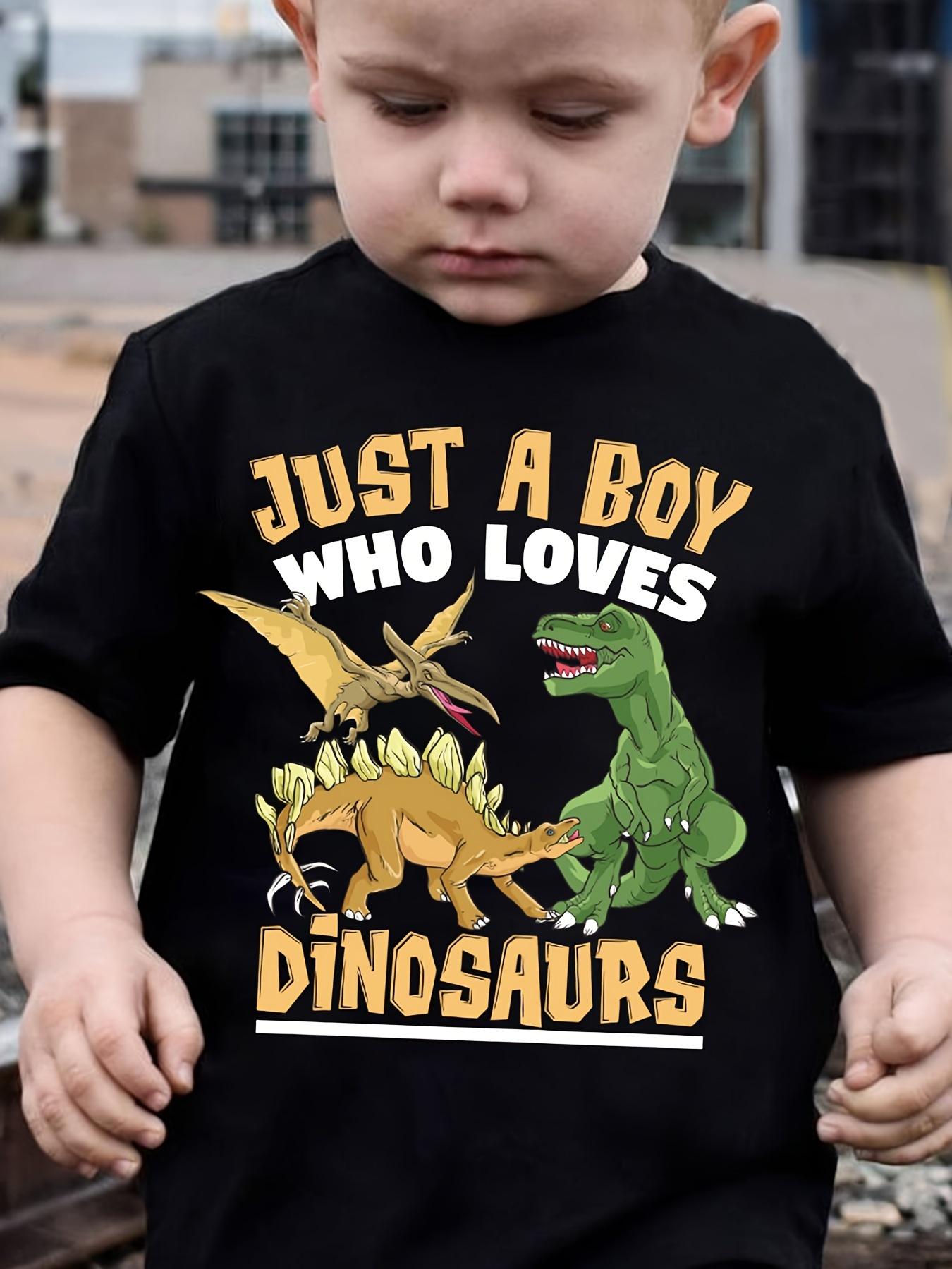 A cute summer boy s fashion T shirt with a dinosaur print saying ust A Boy Who Loves Dinosaurs a casual top for children 100