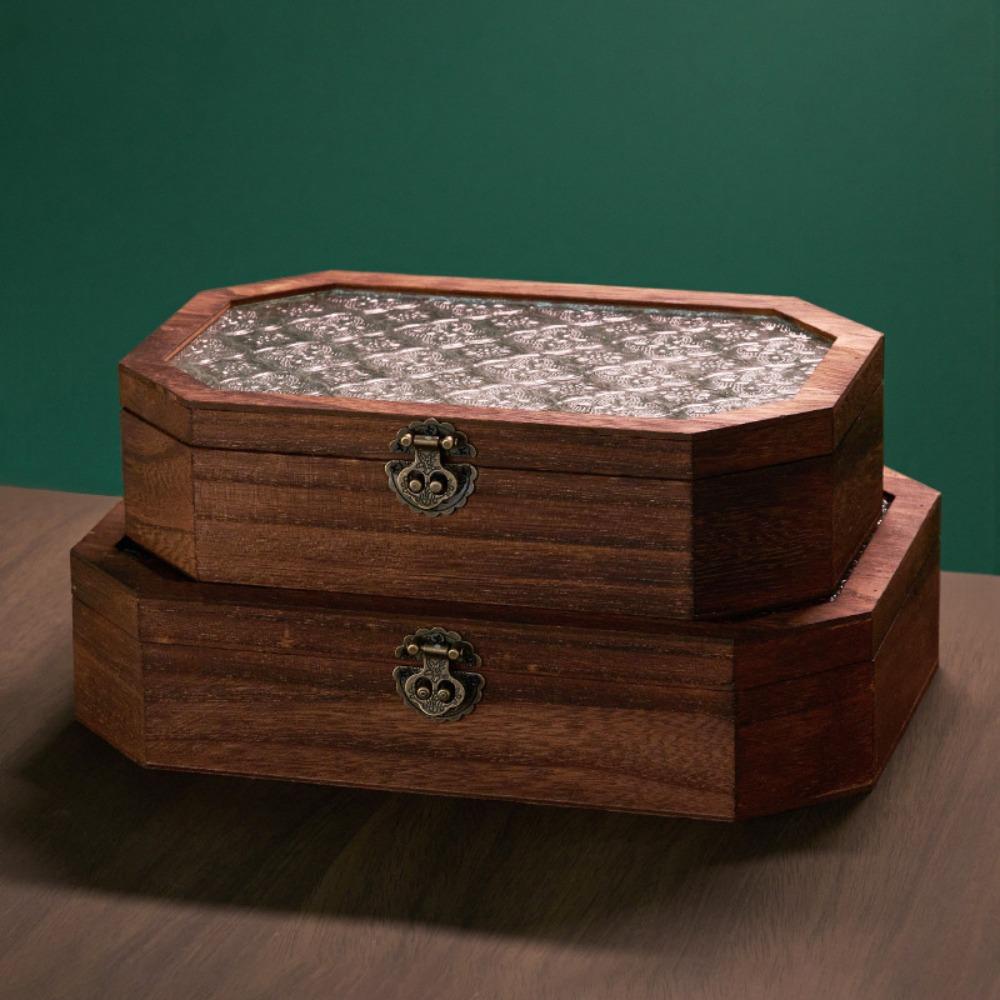 Flip Cover Wooden Storage Box Vintage Glass-Lid Box Minimalist Storage Cabinet  Perfume Storage