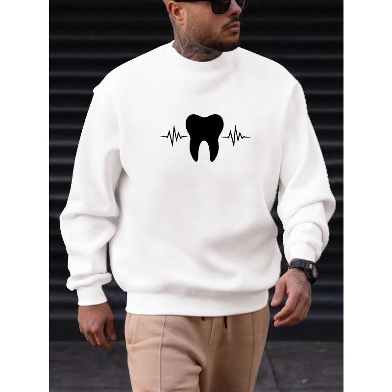 Men's Casual Round-Neck Sweatshirt Featuring Teeth And Heartbeat Pattern.