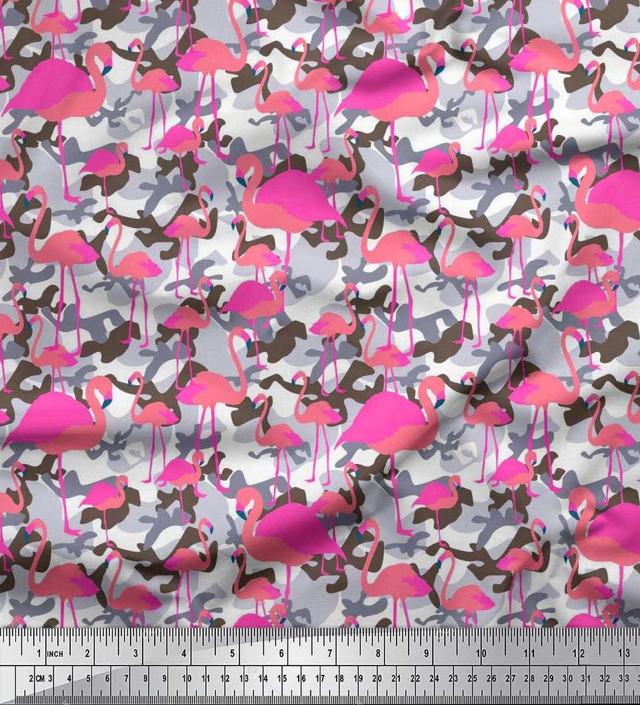 Soimoi Japan Crepe Satin Fabric Camouflage Texture & Flamingo Bird Printed Craft Fabric by the Metre 42 Inch