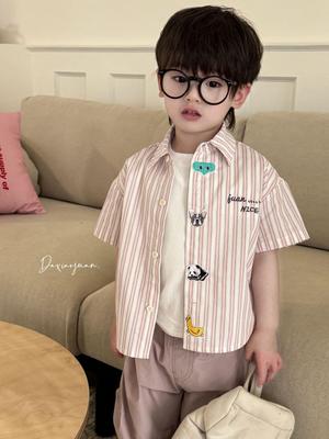 Available: Large & Small Summer Boys' Striped Cartoon Shirt - Short Sleeve Turn-Down Collar Korean Style.