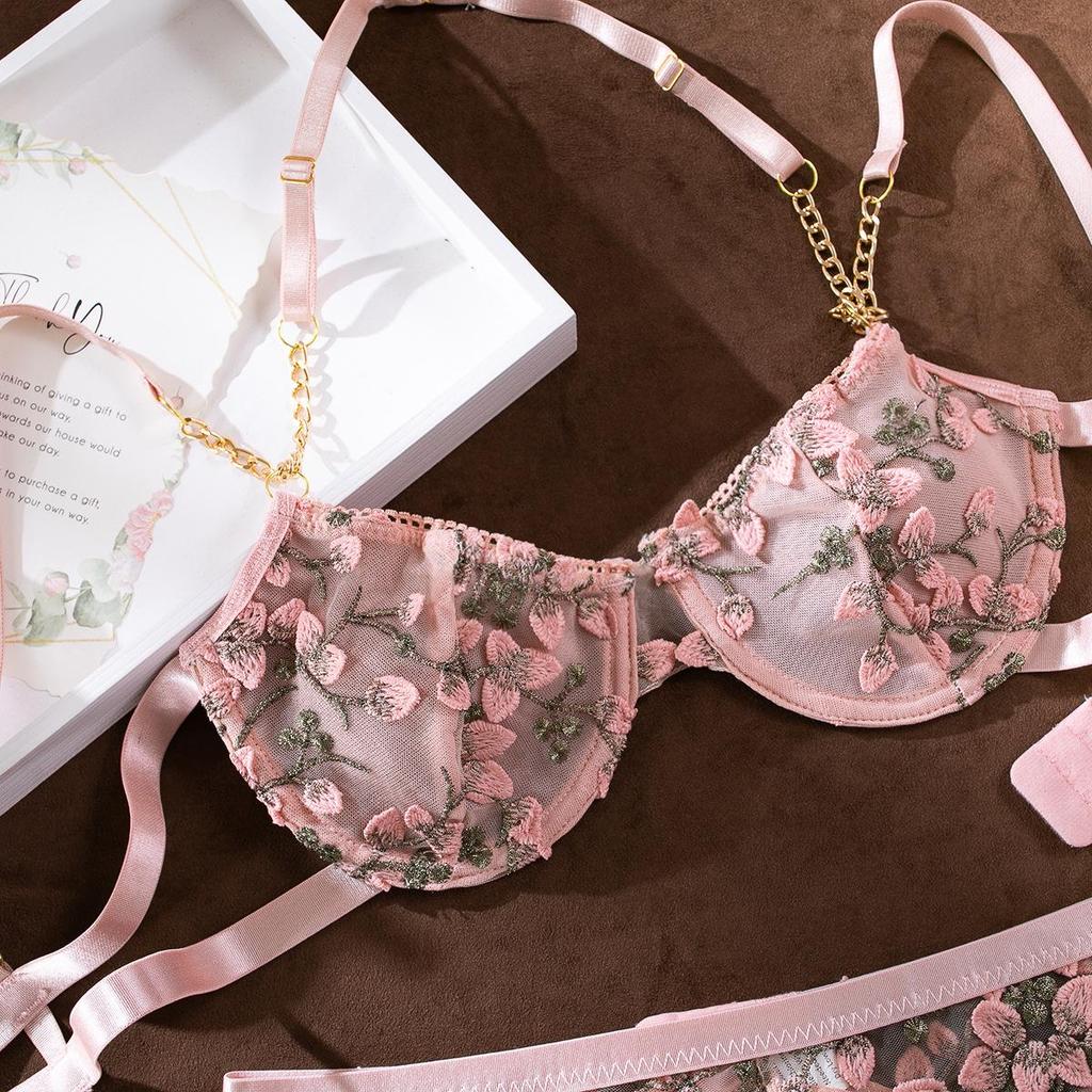 European and American Embroidered Floral Sheer Sexy Lingerie Bra Set