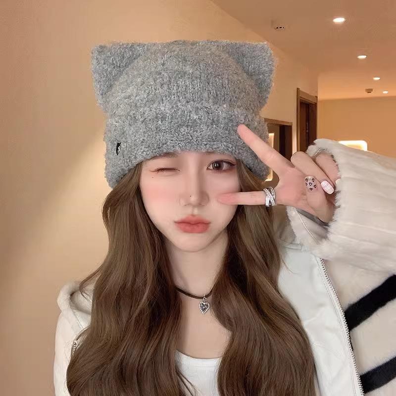 Cartoon sweet cute cat ears knitted hat women's autumn and winter warm ear protection love pullover hat