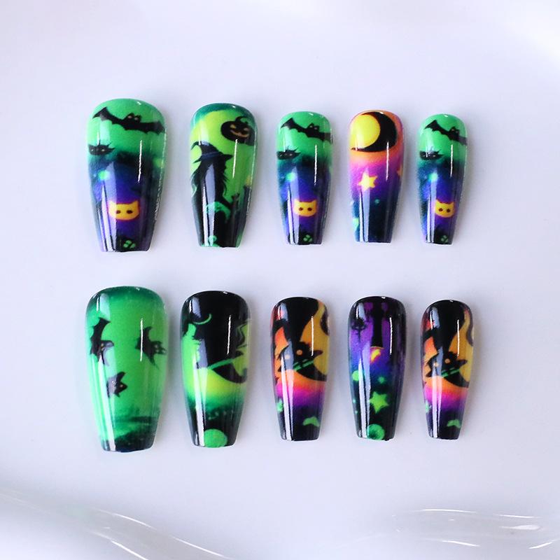 Manicura más vendida Europea y Americana Halloween bruja de ensueño gato negro murciélago calabaza larga ballet armadura