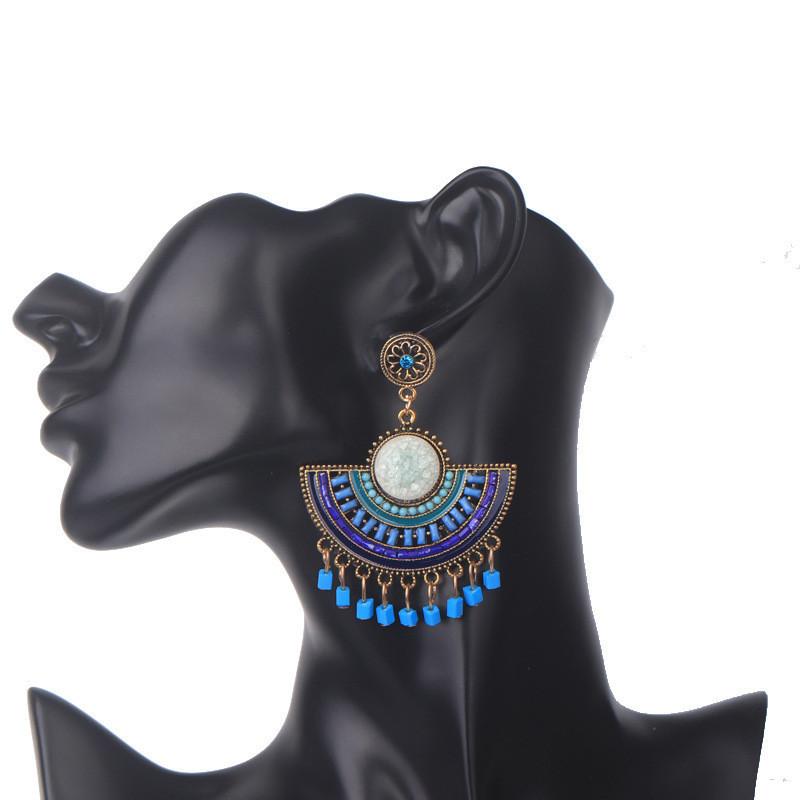 Trendy Geometric Fan Tassel Beaded Earrings For Women In Blue With Alloy Material