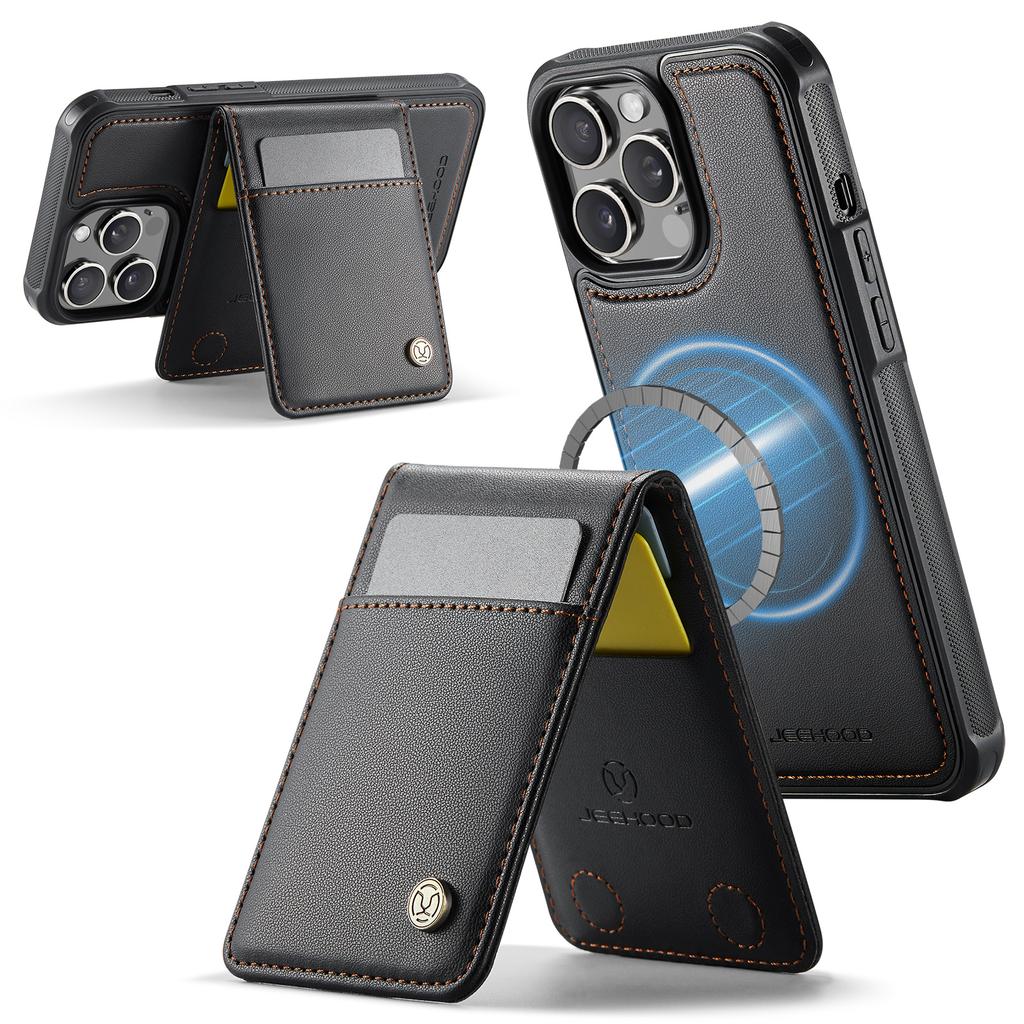 For iPhone 13 Pro 6.1 inch Leather Back Cover Compatible with MagSafe JEEHOOD J06 Phone Case with Card Bag RFID Blocking