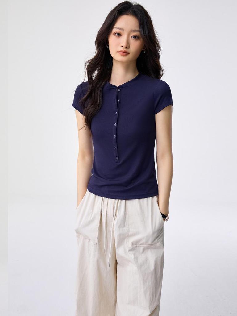 Women's Elegant Tencel Lyocell Henley Short Sleeve Slim Fit Top