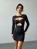 Spring and Summer New European and American Sexy Hollow Long-sleeved Slim-fitting Hip-wrapped Solid-color Y2K Party Dress