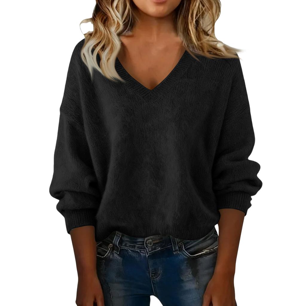 Women's Fashionable Casual Knitted Top Loose-Fit Solid-Colour Long-Sleeved Jumper