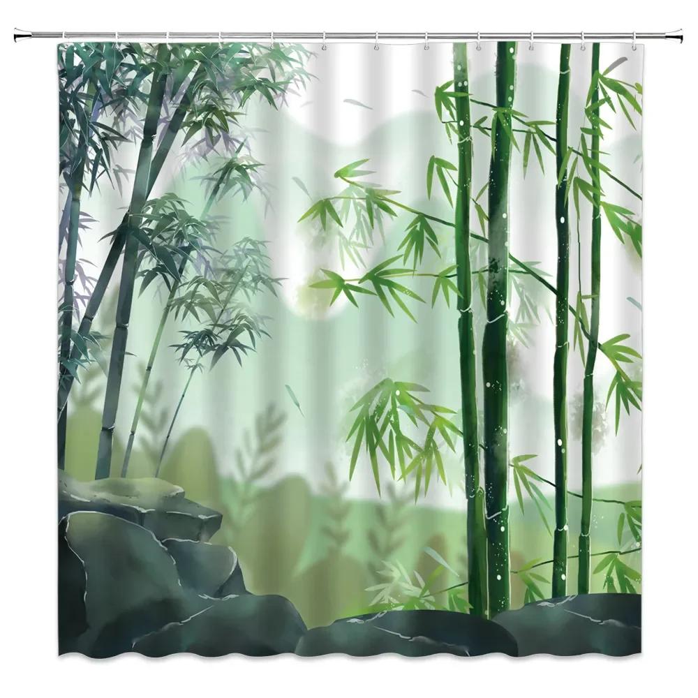 Panda Bamboo Shower Curtain, Cartoon Funny Cute Blue Sky Rainbow Kids Bamboo Forest Animals Birds, Bathroom Decorative Fabrics