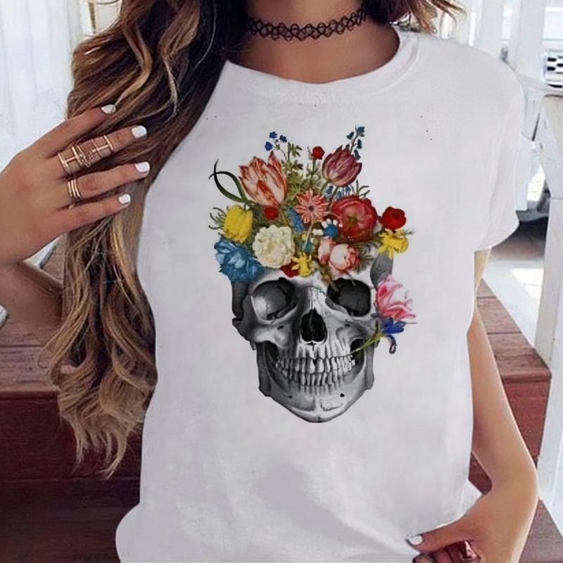Maycaur Fashion Skull Flower Print Women T Shirt Summer Casual Short Sleeve O Neck Women Tshirt 90s Ladies Tee Shirt Tops