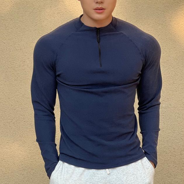 Slim-fit Half High Neck Zipper Fitness Men's Base Shirt Long Sleeve T-shirt