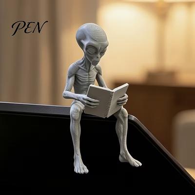 Büro-Monitor-Dekoration 3D-gedruckter Lesender Alien-Schmuck, Kreative Sitzende Schreibtisch-Dekoration Skulptur, Harz Sammlerfiguren Schreibtisch Studie