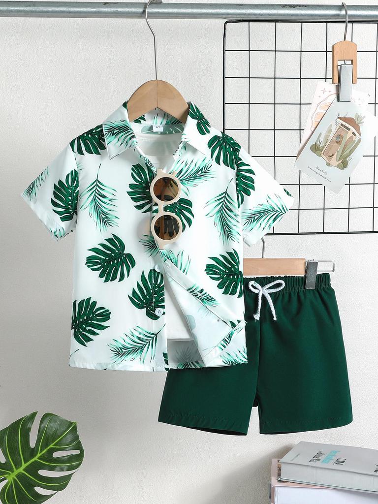 Boys' Tropical Leaf Print Shirt & Shorts 2Pcs Outfit
